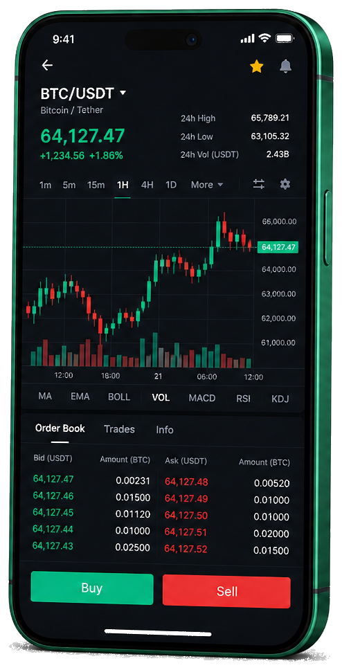 Application mobile Oryndraxa — graphique BTC/USDT en direct, carnet d’ordres et outils de trading